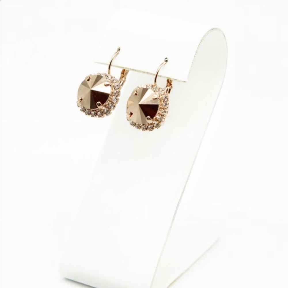 Rose Gold Crystal Halo Drop Earrings | Faceted Statement Dangle | Bridal Glam - Picture 3 of 3